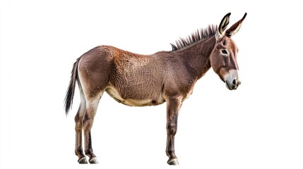 Obraz premium A brown donkey standing with long ears, isolated on a white background