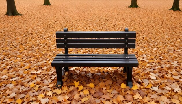 A wooden bench sits in a park surrounded by golden fall leaves on a sunny autumn day.