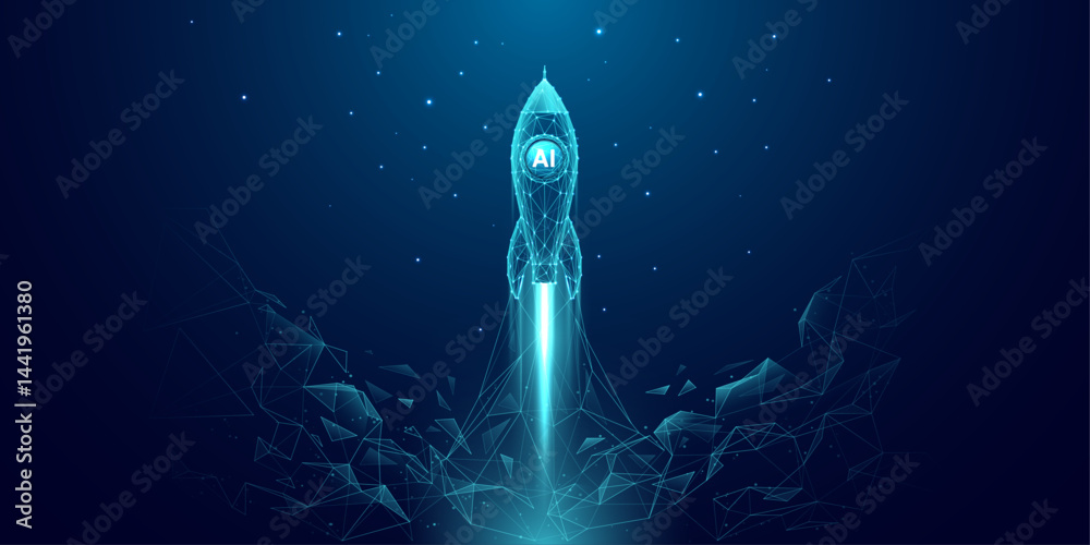 Aufkleber Abstract polygonal launch rocket with AI chip. Artificial Intelligence innovation and boosting concept. Machine learning spaceship. Digital technology dark blue background. Vector wireframe tech bg.