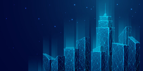 Futuristic city landscape background blue. Low poly wireframe night buildings with glowing effect. Abstract tech smart cityscape background. Innovation skyscrapers and offices. Vector illustration.
