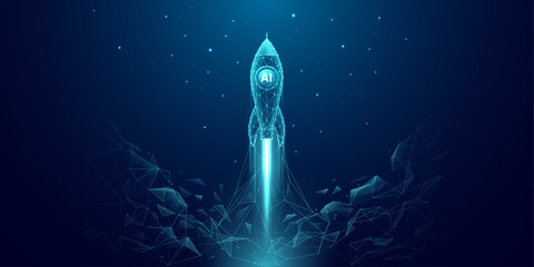 Abstract polygonal launch rocket with AI chip. Artificial Intelligence innovation and boosting concept. Machine learning spaceship. Digital technology dark blue background. Vector wireframe tech bg.