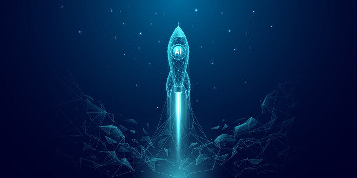 Abstract polygonal launch rocket with AI chip. Artificial Intelligence innovation and boosting concept. Machine learning spaceship. Digital technology dark blue background. Vector wireframe tech bg.