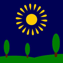Landscape with sun and trees. Vector illustration.
