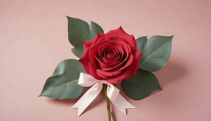 Fototapeta premium A beautiful red rose with a ribbon and green leaves, ideal for romantic celebrations.