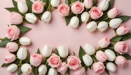 Fototapeta premium Elegant pink roses and white tulips form a delightful floral arrangement against a pastel background.