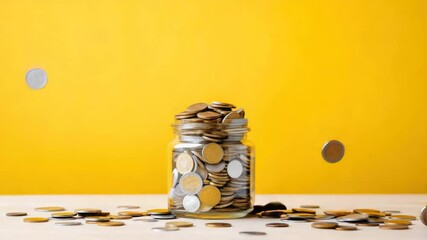 A jar filled with coins sits on a surface, with additional coins cascading down against a vibrant yellow background.