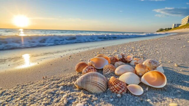 Seashells Beach Ocean Sand Sea Water Golden Hour Light Tranquility on Shore