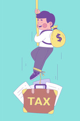 A cartoon depiction illustrates the concept of taxes, where a person struggles to hold a pole while attached to a briefcase labeled TAX, a bag of money is also shown.