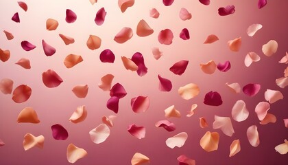 Close-up of falling rose petals in shades of pink, red, and peach against a soft gradient.