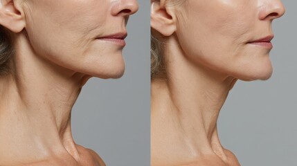 Comparison of skin before and after brightening serum treatment, left side dull and dry, right side radiant, smooth and glowing