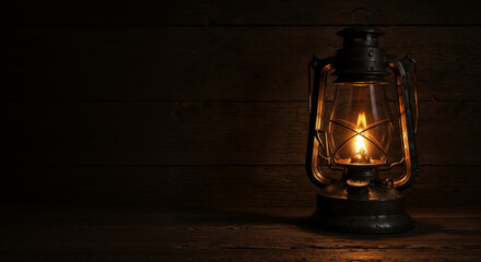 Vintage Oil Lamp Lantern Glowing Warm Light Dark Wood Rustic Background