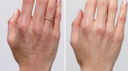 Comparison of skin before and after brightening serum treatment, left side dull and dry, right side radiant, smooth and glowing