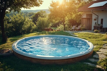 Round above-ground pool in backyard with sunny day light