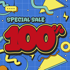 Colorful Comic Style Special Sale Poster with Bold 100% Discount on Blue Background