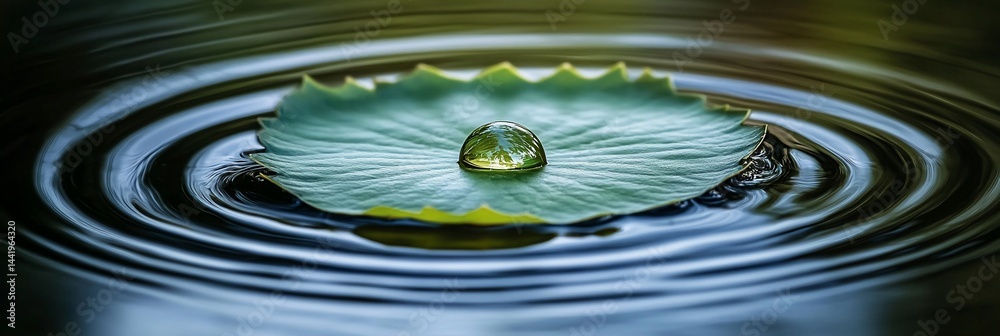 Poster water droplet on a lotus leaf, creating concentric ripples in calm water.