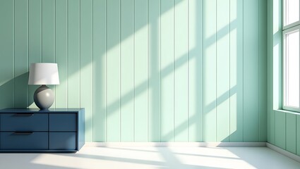 Lamp on blue cabinet against light green wall with window and sunlight in an interior scene