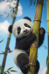 Obraz premium A baby panda climbing up a bamboo tree with a blue sky in the background