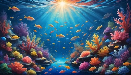 Fototapeta premium A gorgeous depiction of vibrant coral reefs and a school of fish swimming under the sea.
