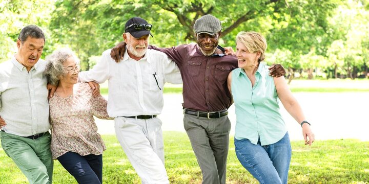 Group of diverse seniors enjoying a sunny day in the park. Elderly friends, men and women, smiling and walking together, embracing friendship and joy. Happy diverse senior friends outdoors in park.