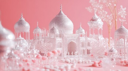 Crystal-Like Sugar Taj Mahal Displayed on Pink Fantasy Background.