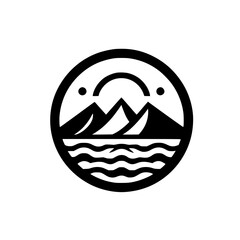 Obraz premium Modern Mountain & Water Icon: Minimalist Nature Badge, Black & White Logo