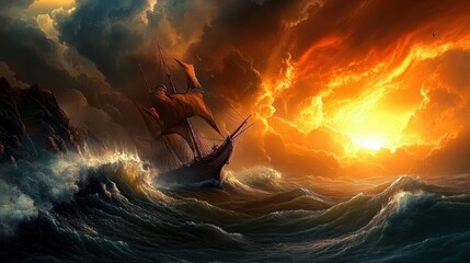 Ancient Greek Ship Sailing in Stormy Seas at Sunset - Historic Nautical Adventure Through the Mediterranean Waves