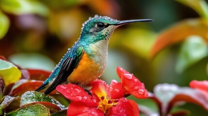 Fototapeta premium Vibrant Hummingbird Amid Colorful Tropical Flowers in Rainforest