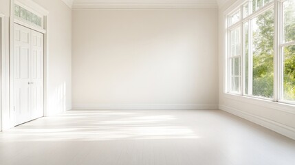 Fototapeta premium Bright empty room features white walls, wooden floor, a large window with green trees outside, and natural sunlight casting soft shadows.