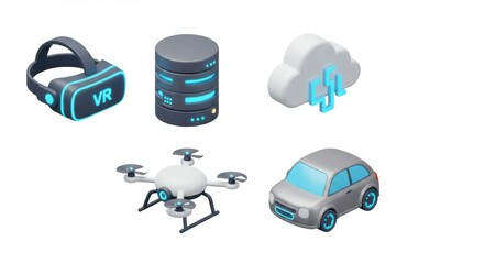 Isometric Technology Icons: VR Headset, Server, Cloud, Drone, and Car.