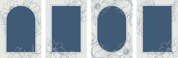 Set of hand drawn vector botanical frame, tropical flowers, floral border, wildflower, eucalyptus wreath, branches. Ornament of botanical silhouette element vector. Nature card in minimal line style