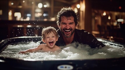 Joyful father and son enjoying quality time in a home hot tub. Family happiness and relaxation theme