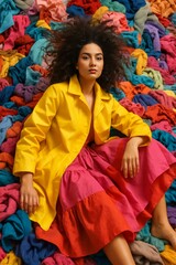 Fototapeta premium A confident woman with voluminous, wild hair wearing a vibrant yellow raincoat over a bold, voluminous pink and red skirt, seated amidst a chaotic, yet artistic pile of colorful clothes.