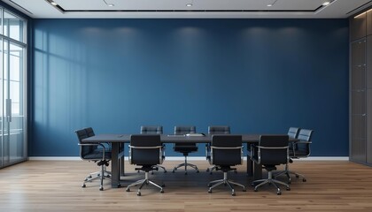 Navy blue wall mockup in a professional meeting room with modern glass paneling for formal business presentations with empty copy space