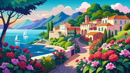 Obraz premium Seafront landscape with azalea flowers. French reviera, view of stunning picturesque coastal town
