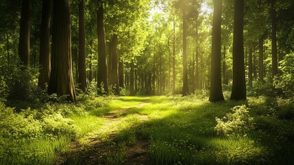Obraz premium Serene sunlight path through lush green summer forest trees calm park woods leafy image nature scenic