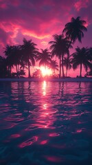 Pink sunset over tranquil ocean, palm trees silhouetted