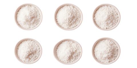 Six bowls filled with white rice arranged in two rows.
