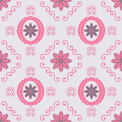 Vintage embroidery pink floral and butterfly seamless tile pattern.