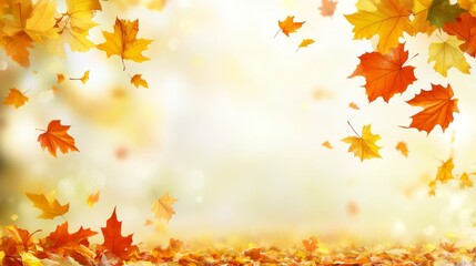 Obraz premium Golden Autumn, Falling Leaves Vibrant Backdrop of Golden and Crimson Foliage Against a Sun. Hazy G