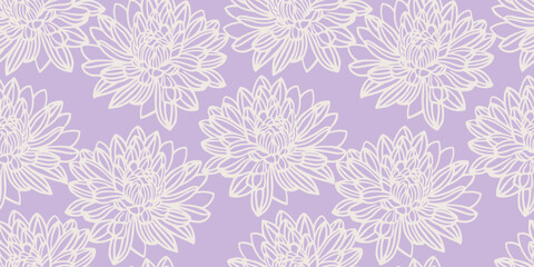 Minimalist seamless floral pattern with large, detailed  line-drawn flowers. Pastel purple violet background. Perfect for modern textiles, packaging, wallpaper, sophisticated monochrome