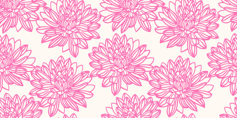 Obraz premium Minimalist seamless floral pattern with large, detailed pink line-drawn flowers on white background. Perfect for modern textiles, packaging, wallpaper, and home decor, sophisticated monochrome look.