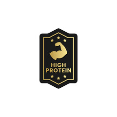 High protein product label label vector isolated. High Protein Rubber Stamp. Label for high protein product with low calorie. Rubber stamp.