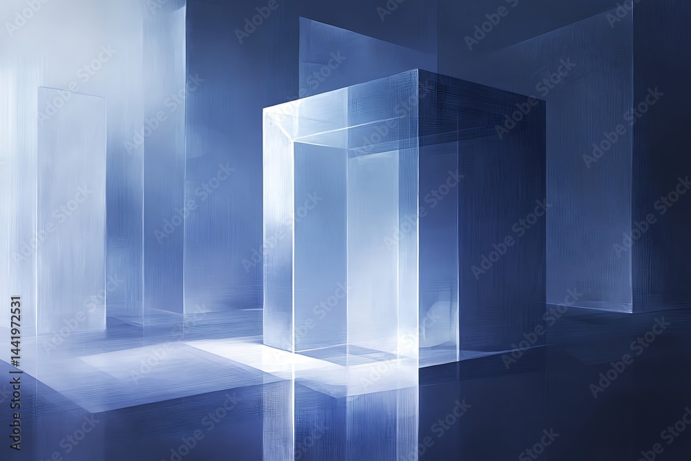 Poster abstract 3d rendering of translucent blue glass cubes on a reflective surface, illuminated with dram