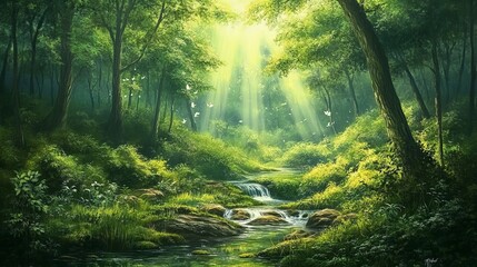 Obraz premium Serene green forest landscape with sunbeams and birds peaceful nature scene tranquil woodland setting