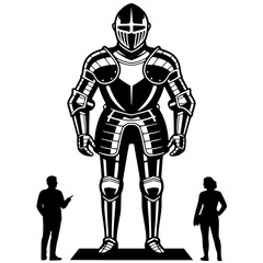 Fototapeta premium Silhouette of a knight’s armor suit on display, viewed from the front, flanked by two small silhouetted museumgoers, all black on white background
