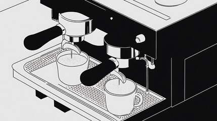 Close up view of a black espresso machine with two portafilters and cups on a drip tray. The image is in grayscale, showing the machine's components and functionality. The focus is on the brewing