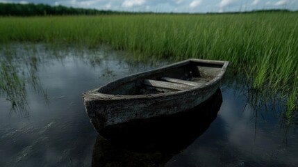 Obraz premium Rustic wooden boat in tranquil marsh