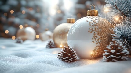 Festive holiday arrangement with white and gold ornaments, pinecones, and frosted evergreen branches on snowy surface