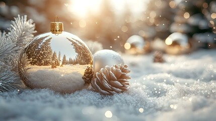 Sparkling ornaments with gold details, silver, and pinecones adorn snow for a magical winter holiday celebration atmosphere.