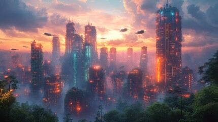 Fototapeta premium Dense futuristic city with illuminated towers, flying vehicles, greenery, and a soft sunset sky above a hazy, dreamlike landscape